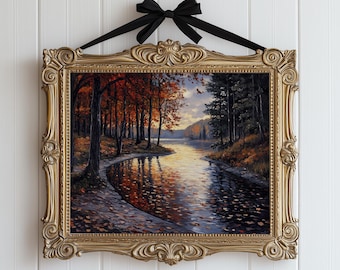 Tranquil Autumn River Oil Painting - Printable Fall Landscape Art, Enchanted Woodland Scene, Vintage Cottagecore Decor, Autumn Aesthetic 153