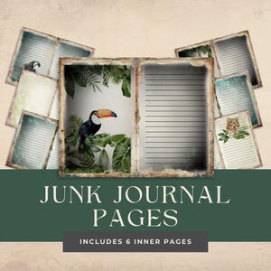 Páginas de diario con animales de la jungla - Papeles vintage con fondo de jungla - Kit de diario basura de la selva tropical - Álbum de recortes interior imprimible con líneas - JJ002