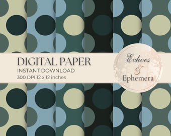 Large Polka Dot Digital Paper - Deep Green Blue Black Dark Cream Scrapbooking Pages - Junk Journal Kit - Craft Supplies - Printable  - JJ001