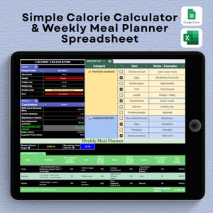 Puede incluir: Una tableta digital muestra una calculadora de calorías y una hoja de cálculo de planificación de comidas semanal. La interfaz incluye secciones para perfiles de fitness, cálculos y una lista de compras con opciones de proteínas y carbohidratos. El texto "Simple Calorie Calculator & Weekly Meal Planner Spreadsheet" está en la parte superior.