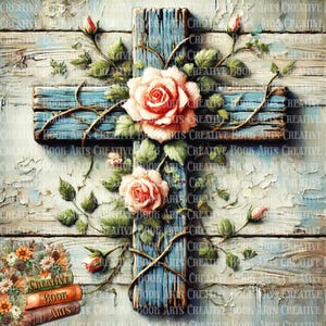 May include: A blue wooden cross with a vine wrapped around it. The cross is decorated with pink roses and green leaves. The background is a weathered wooden surface.