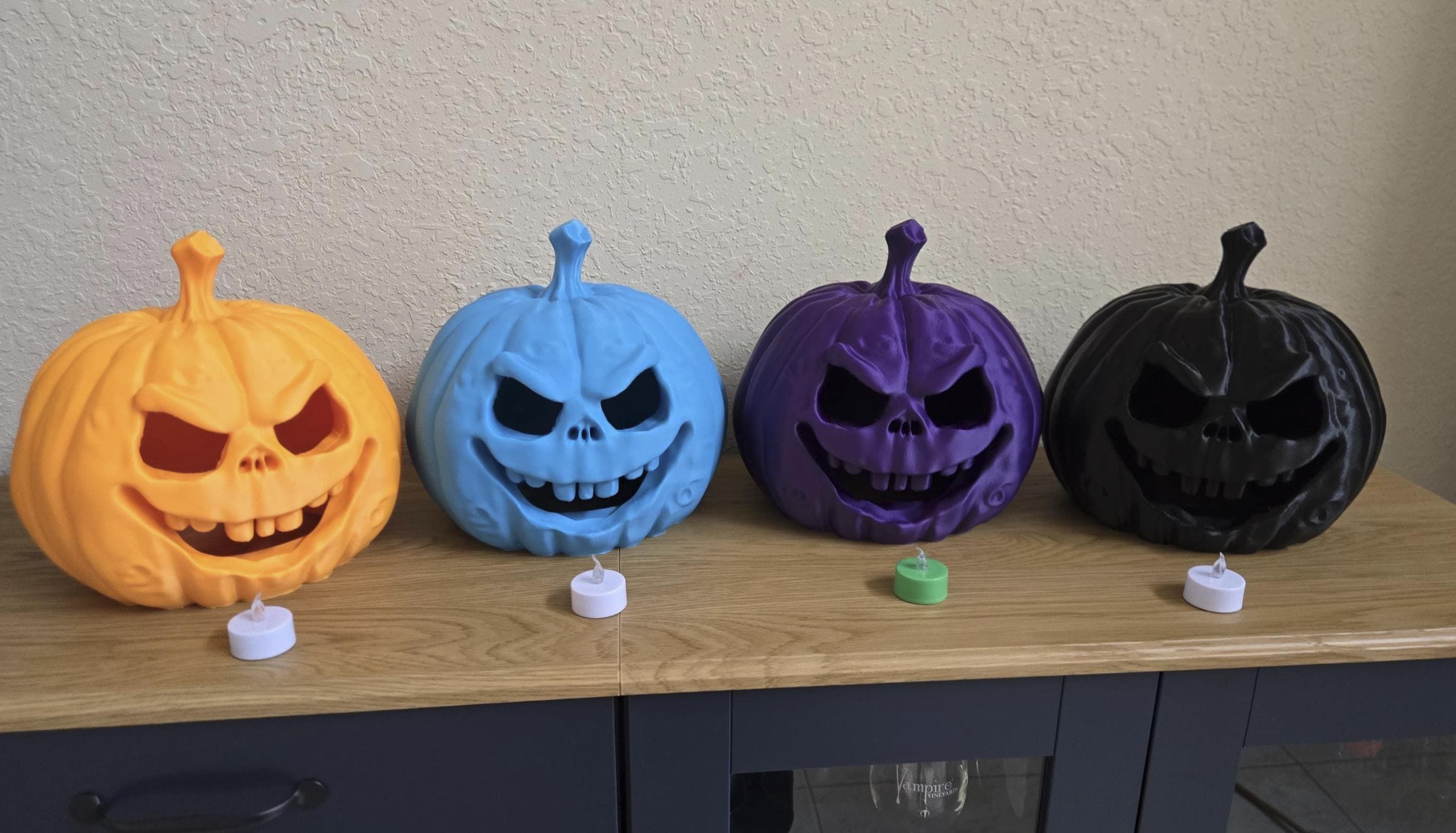 Grinning Jack O Lantern with Flicker LED Tea Light, Three Sizes