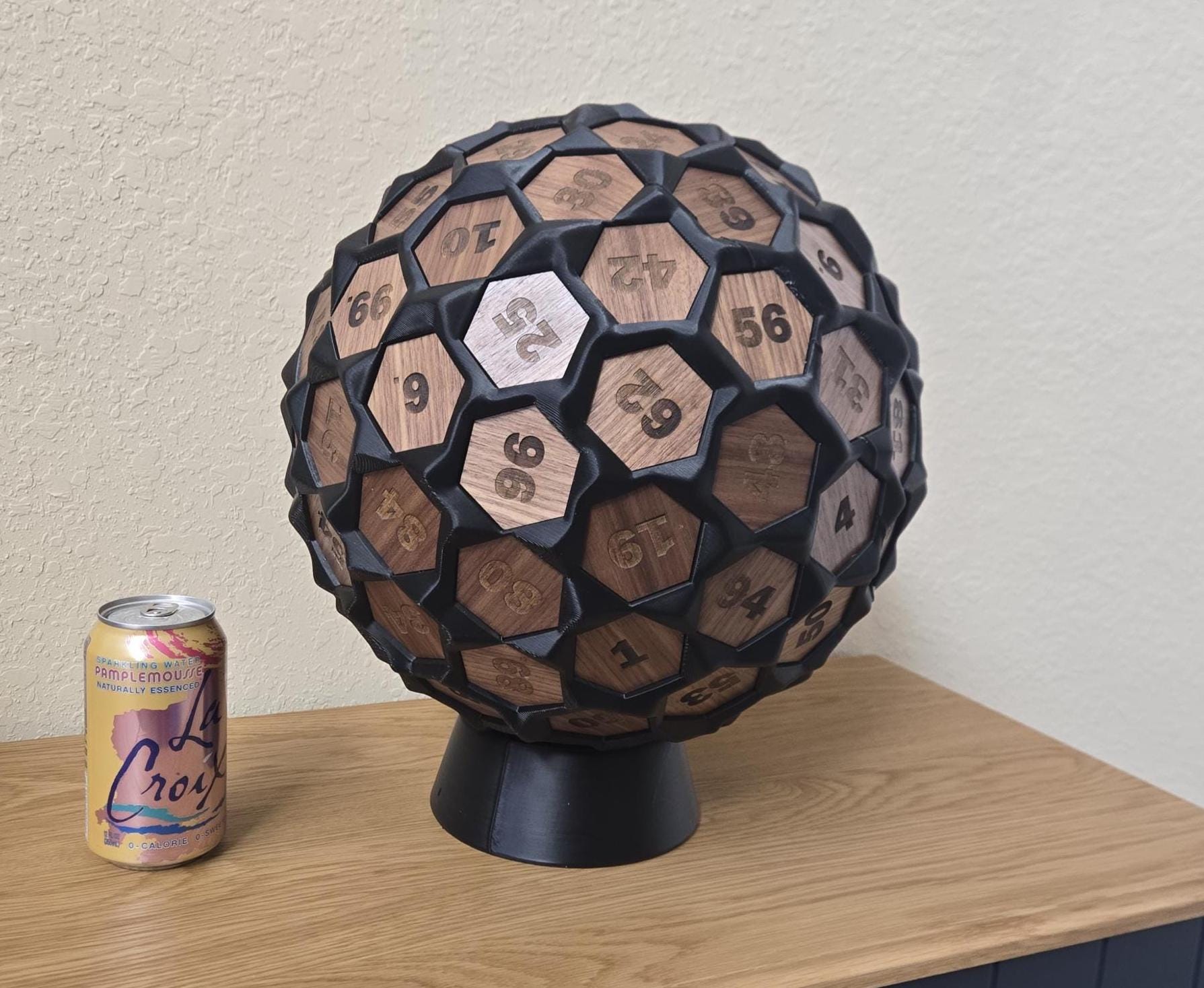 Giant 13-Inch D100 Dice with Solid Walnut Inlay Faces, Functional Oversized Percentile Die