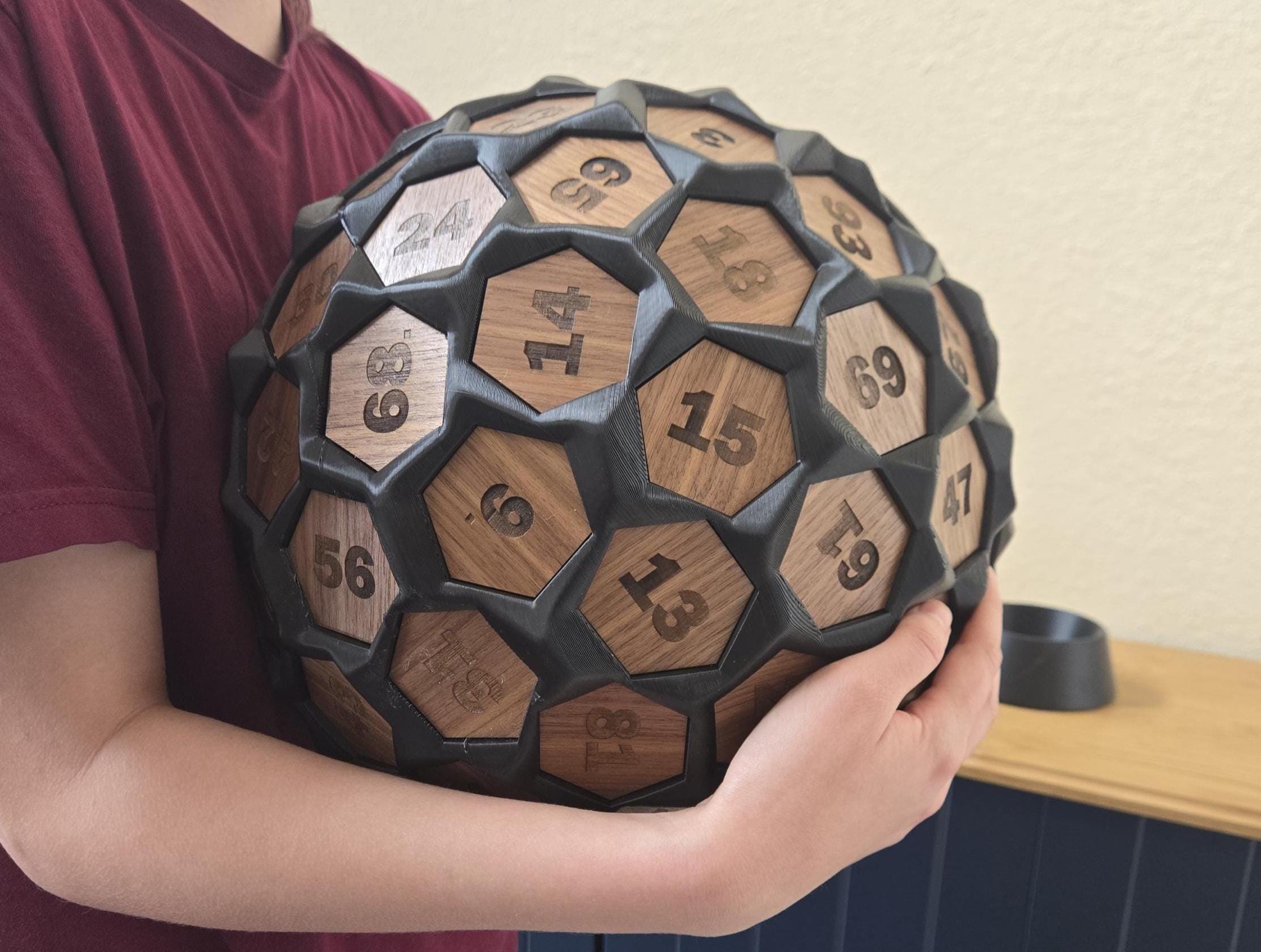 Giant 13-Inch D100 Dice with Solid Walnut Inlay Faces, Functional Oversized Percentile Die