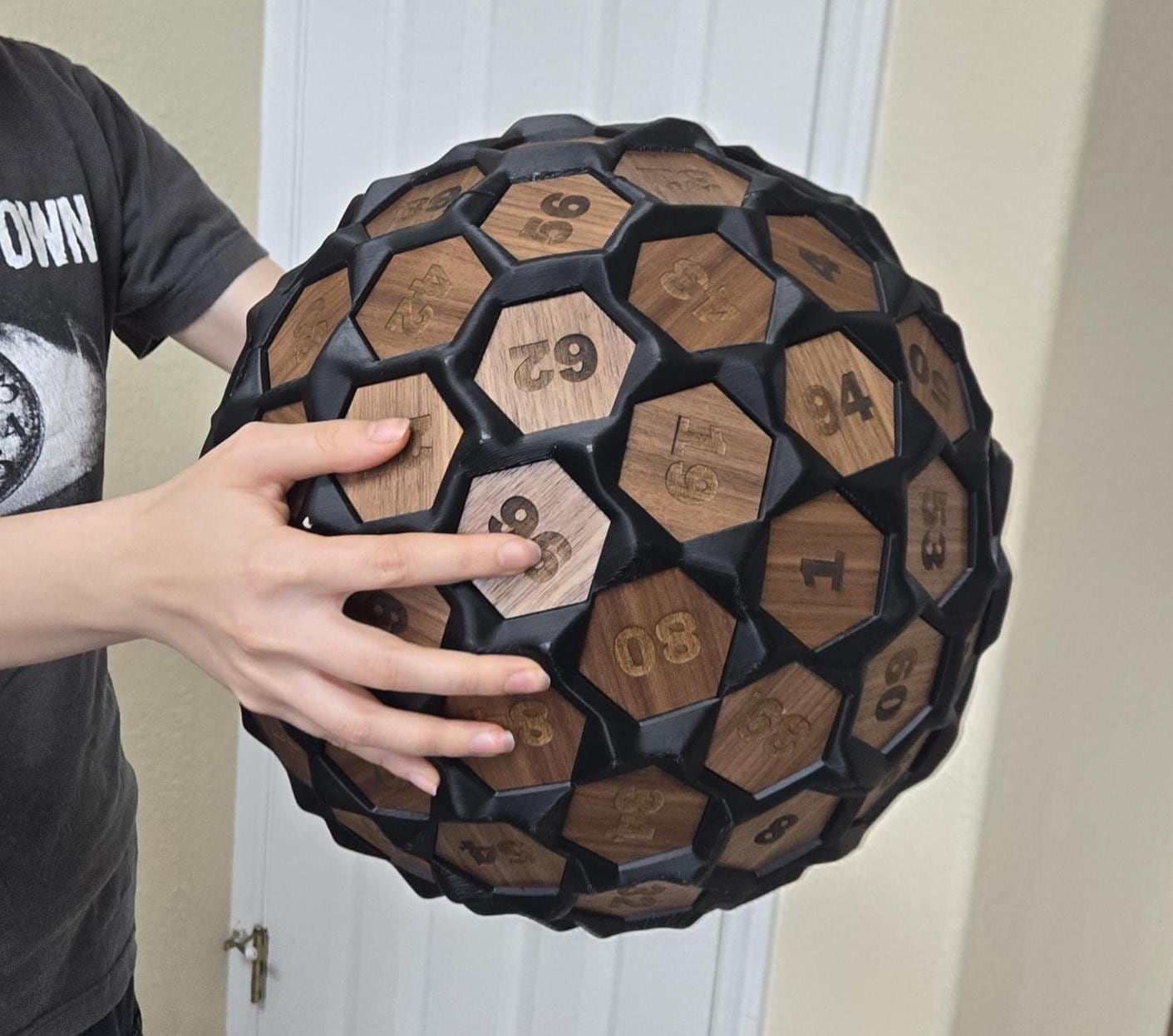 Giant 13-Inch D100 Dice with Solid Walnut Inlay Faces, Functional Oversized Percentile Die