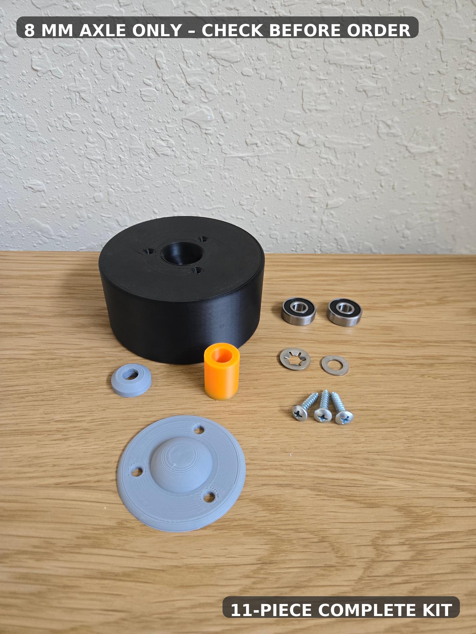 A 11-piece complete kit for a Husqvarna Automower front wheel, including a large black cylindrical part, a small orange part.