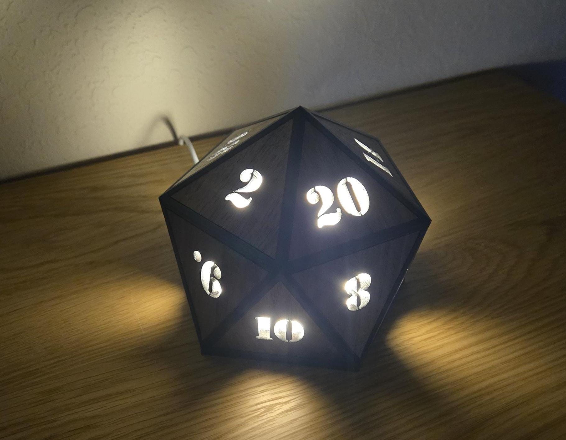 Walnut D20 Dice Night Light, Wooden LED Table Lamp
