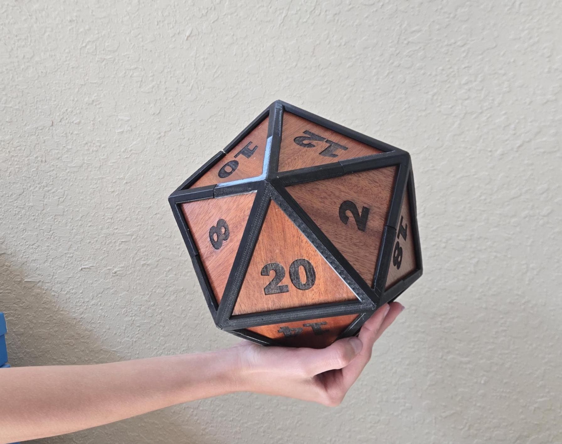 Giant Mahogany D20 Dice, 8 Inch Oversized RPG Die, Custom Engraved (Rubberized Edges)