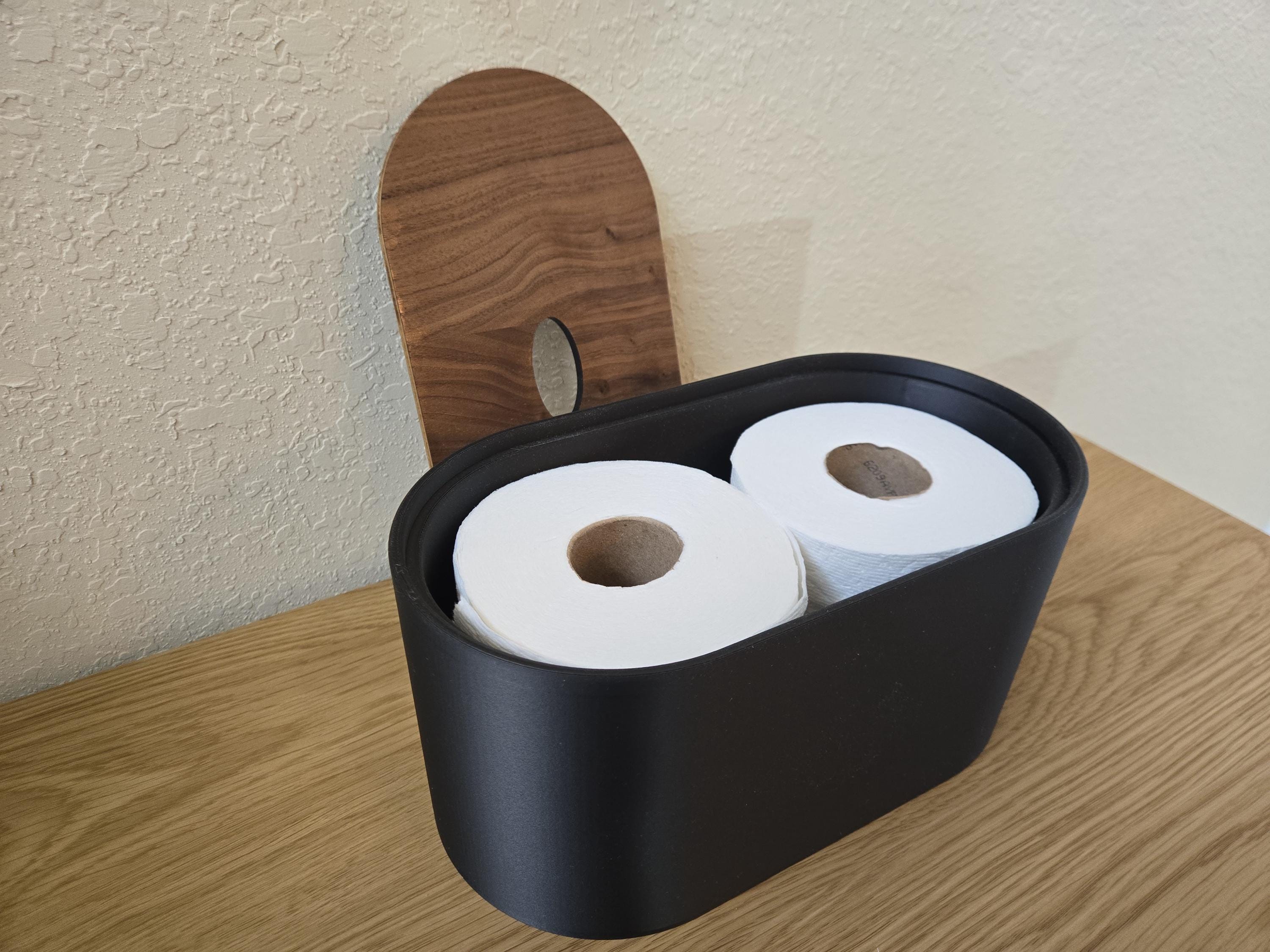Carbon Black Toilet Paper Roll Storage with Walnut Wood Lid, Bathroom Box