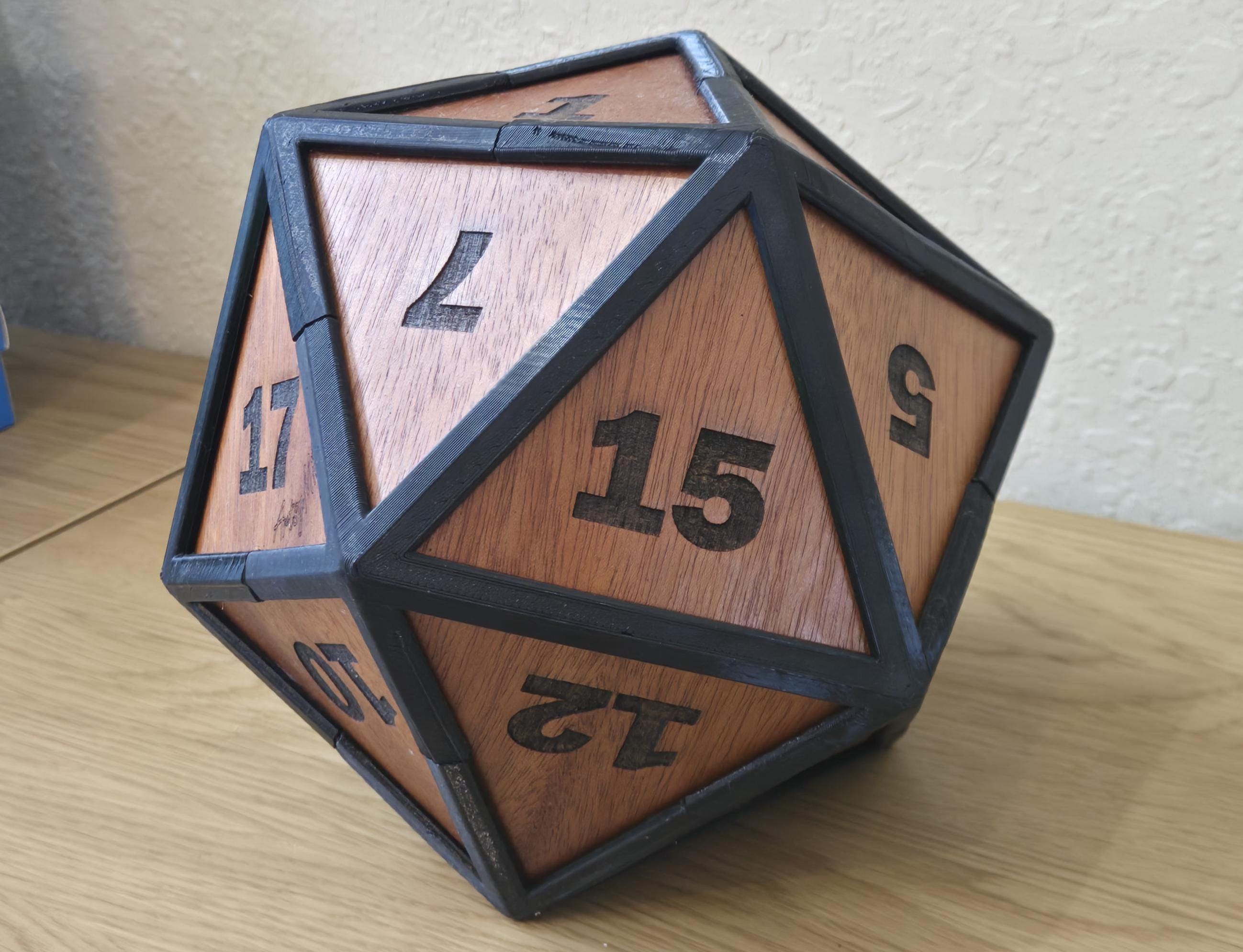 Giant Mahogany D20 Dice, 8 Inch Oversized RPG Die, Custom Engraved (Rubberized Edges)