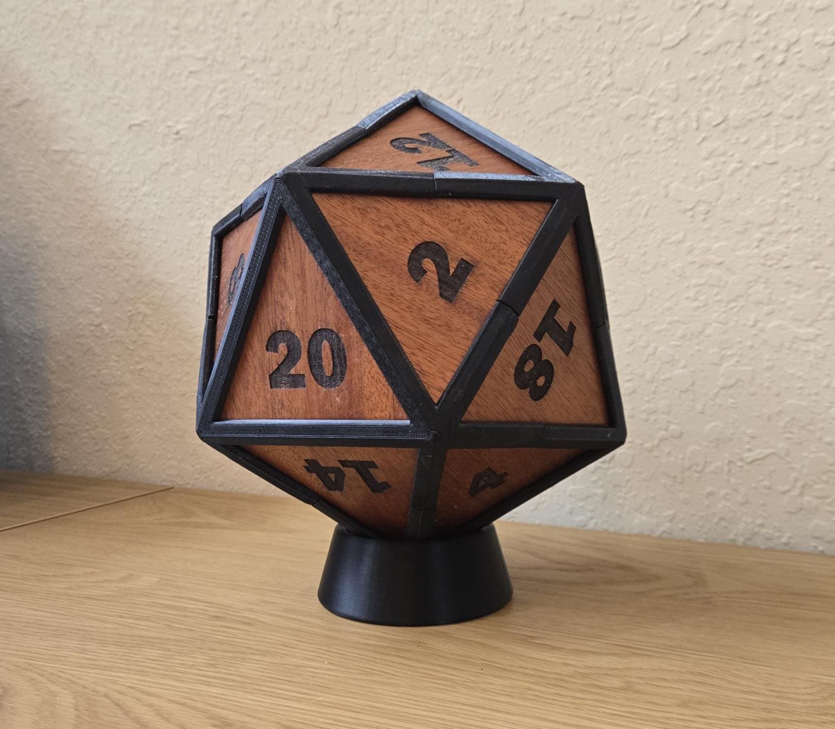 Giant Mahogany D20 Dice, 8 Inch Oversized RPG Die, Custom Engraved (Rubberized Edges)