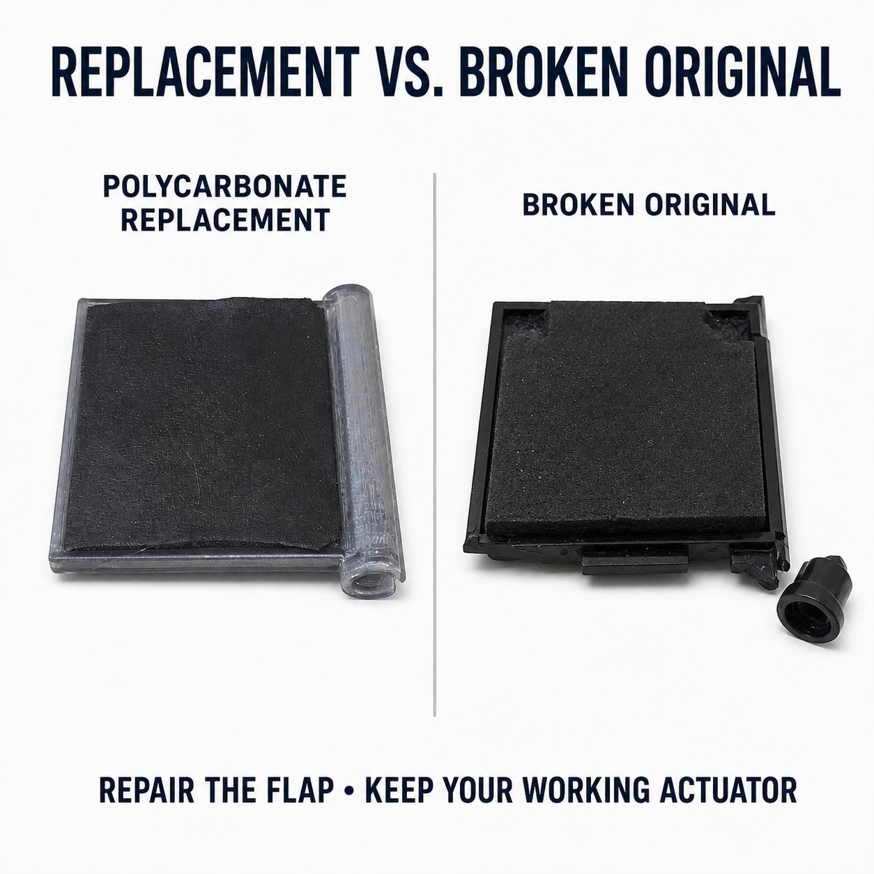 Replacement damper flap beside the broken original from the same angle