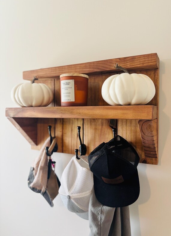 Rustic Wall Mounted Coat Rack With Shelf – Handmade Wooden Hat