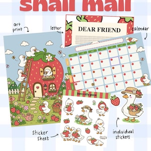 Op de afbeelding: Een briefpapier set getiteld snail mail en berry silly goose met een kunstdruk van ganzen in een aardbeienhuis, een brief met de tekst DEAR FRIEND, een maandkalender, een stickervel en individuele ganzenstickers met aardbeien.