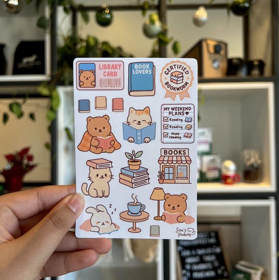 Book Lovers Sticker Sheet | Cozy Reading Bears, Cats & Bunnies