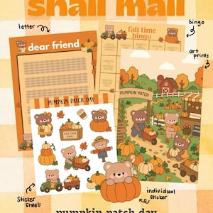 May include: A collection of stationery items featuring fall-themed bear illustrations, including a letter with the text dear friend, a fall time bingo card, a pumpkin patch art print, and a sticker sheet labeled pumpkin patch day.