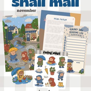 May include: A snail mail stationery set for November featuring a rainy day theme. Includes an illustrated print of bears in rain gear, a Dear Friend letter template, a Rainy Day Reading Log, and a sticker sheet with bears, umbrellas, and rain boots.