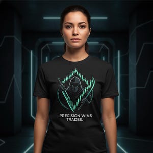 May include: Black t-shirt featuring a hooded figure holding swords, surrounded by a teal diamond-shaped stock chart design. The text "PRECISION WINS TRADES" is below the graphic. The shirt is worn by a person.