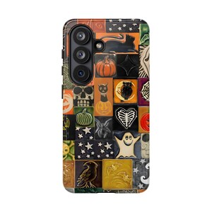 Dark Halloween Phone Case, Vintage Patchwork Skull Cat Case, Gothic Folk Gift for iPhone 17 16 15 Pro, Samsung Galaxy S26 S25 S24 & Pixel 9