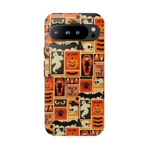 Retro Halloween Case, Vintage Patchwork Pattern Case, Trick or Treat Gift for iPhone 17 16 15 Pro, Samsung Galaxy S26 S25 S24 & Pixel 9