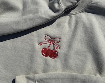 Cherries With A Bow Embroidered Sweatshirt, Coquette Bow