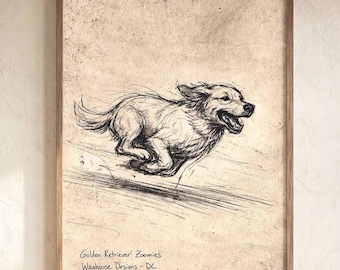 Golden Retriever Zoomies Print - Vintage Running Dog Sketch Wall Art