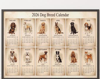 2026 Vintage Dog Breed Calendar – Canine Art, Gift for Dog Lovers