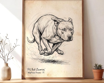 Pit Bull Zoomies Print - Vintage Dog Sketch Wall Art Decor