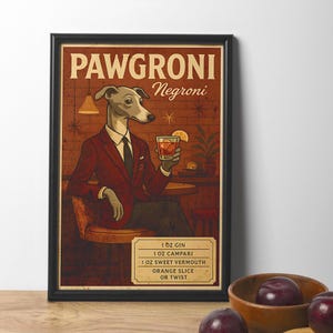 Pawgroni Negroni カクテルバープリント | 面白い犬のウォールアート デジタルダウンロード | ホームバー装飾ポスター | 犬好きのキッチンプリント