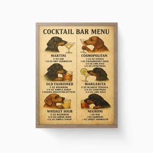 Dachshund Cocktail Bar Menu Print, Unframed Vintage Home Bar Wall Art with Dachshund and Cocktail Menu – Dachshund Lover Gift