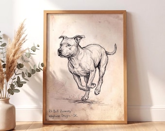 Pit Bull Zoomies Print - Vintage Dog Running Sketch Wall Art