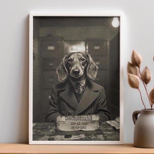 Custom Dachshund Mugshot Wall Art Print | Personalized Vintage 1920s Sausage Dog Poster with Name, Unframed Decor | 16x24