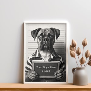 Custom Boxer Dog Mugshot Wall Art Print | Personalized Vintage Style Poster with Name | Funny Boxer Lover Gift Unframed Decor