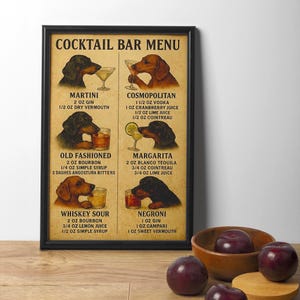Teckel cocktailbar menu digitale print - vintage worst hond kunst aan de muur, grappig decor thuisbar, keuken poster digitale download
