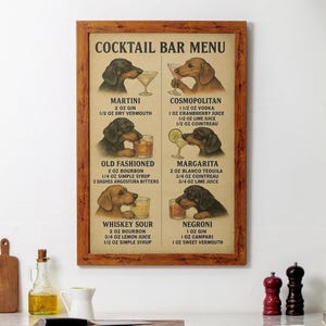 Teckel cocktailbar menu print – grappige worst hond kunst aan de muur, vintage home bar decor, teckel minnaar cadeau poster ingelijste