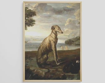 Cuadro vintage de galgo: Impresión artística de perro antiguo restaurada (descarga digital)