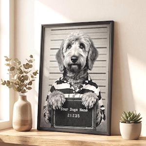 Golden Doodle Mugshot Print Personalized | Custom Dog Name Poster | Vintage Dog Wall Art
