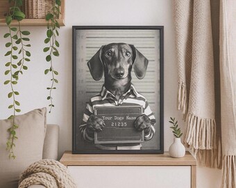 Custom Dachshund Mugshot Print: Personalized Vintage Pet Portrait