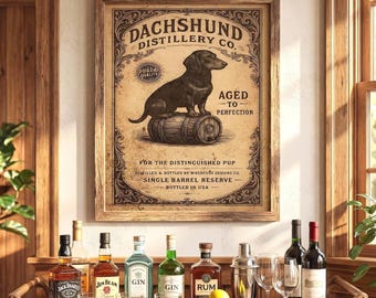 Dachshund Whiskey Label Print – Vintage Dog Bar Art Digital Download Poster