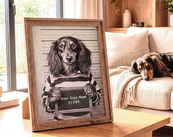 Longhaired Dachshund Mugshot Print, Vintage Dog Wall Art, Custom Name