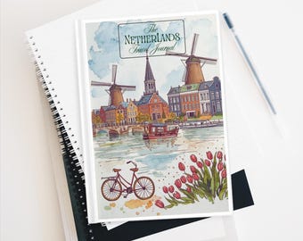 Diario de viaje con acuarela de los Países Bajos / Cuaderno con molinos de viento, tulipanes y bicicletas