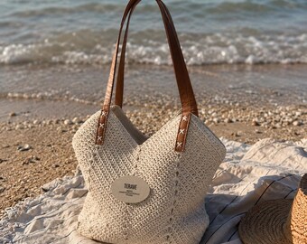 Bolso tote de paja tejido a mano, bolso de playa bohemio de verano, correa de cuero sintético.