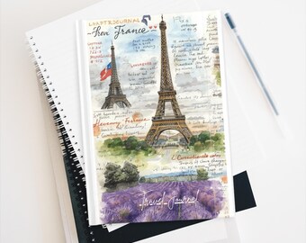 Cuaderno de bocetos/cuaderno de viaje de la Torre Eiffel de París, con detalles en lavanda