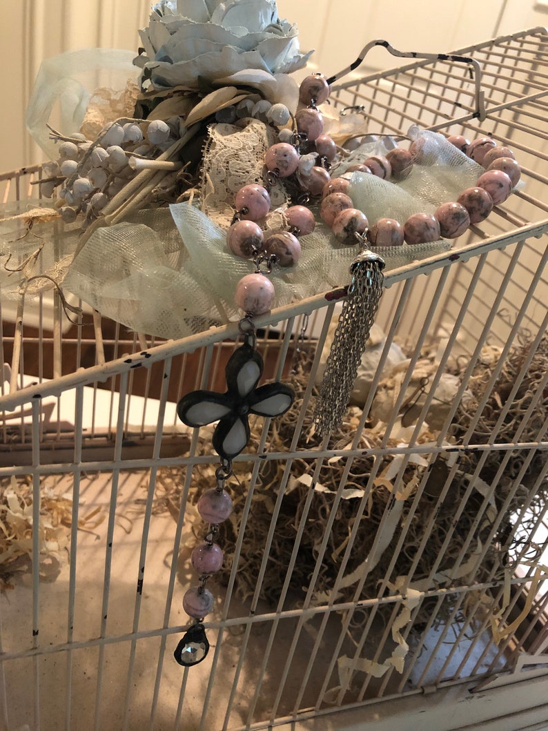 Pink semiprecious white opaque cross necklace or bracelet with tassel stunning meditative zen