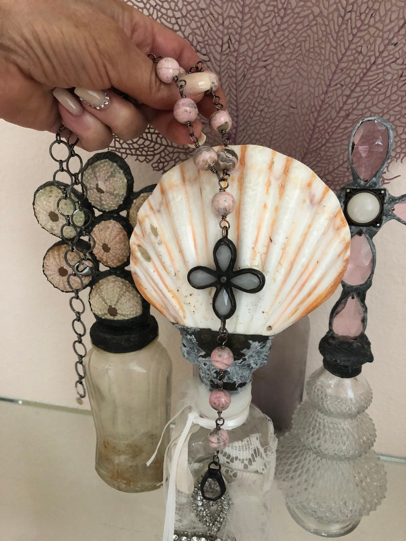 Pink semiprecious white opaque cross necklace or bracelet with tassel stunning meditative zen