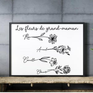 Cadre personnalisé avec noms et fleurs de naissance des enfants ou petits-enfants / Cadeau de fête des mères pour maman, grand-maman, mamie