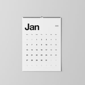 2025 Minimal Wall Calendar, Printable, 12 Month Calendar, Mon Start, Minimalist Design, Black White Color, Instant Download