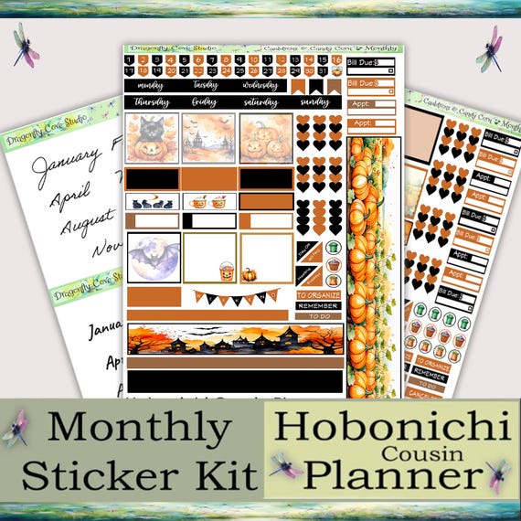 Hobonichi Cousin Planner Monthly Printable Stickers Kit | Cauldrons & Candy Corn | Silhouette + Cricut Cut Files + PDF