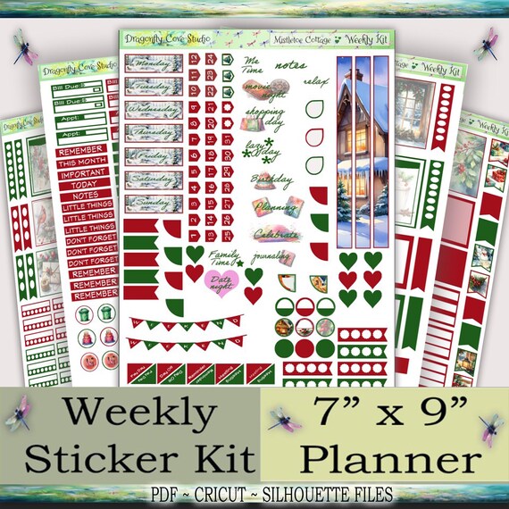 7 x 9 Planner Printable Stickers Weekly Kit | Mistletoe Cottage | Silhouette & Cricut Cut Files + PDF for Hand Cutting