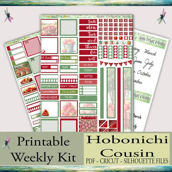 Hobonichi Cousin Weekly Printable Stickers Kit - Charming Apple Orchard: Silhouette & Cricut Cut Files and PDF for Hand Cutting